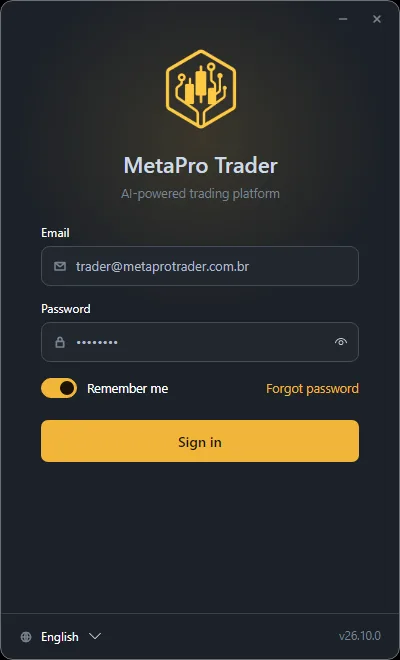 MetaPro Trader login screen with email, password and language choice.