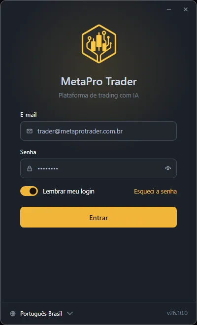 Tela de login do MetaPro Trader com e-mail, senha e escolha de idioma.