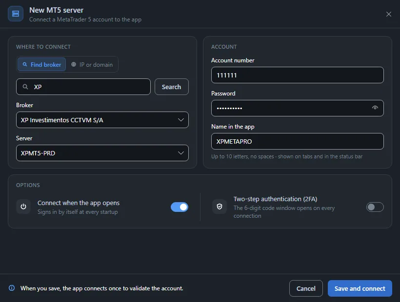 New MT5 server window with broker search, server and account details.