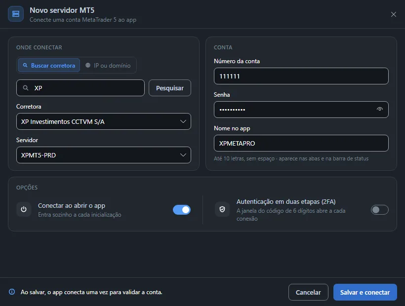 Janela Novo servidor MT5 com a busca da corretora, o servidor e os dados da conta.