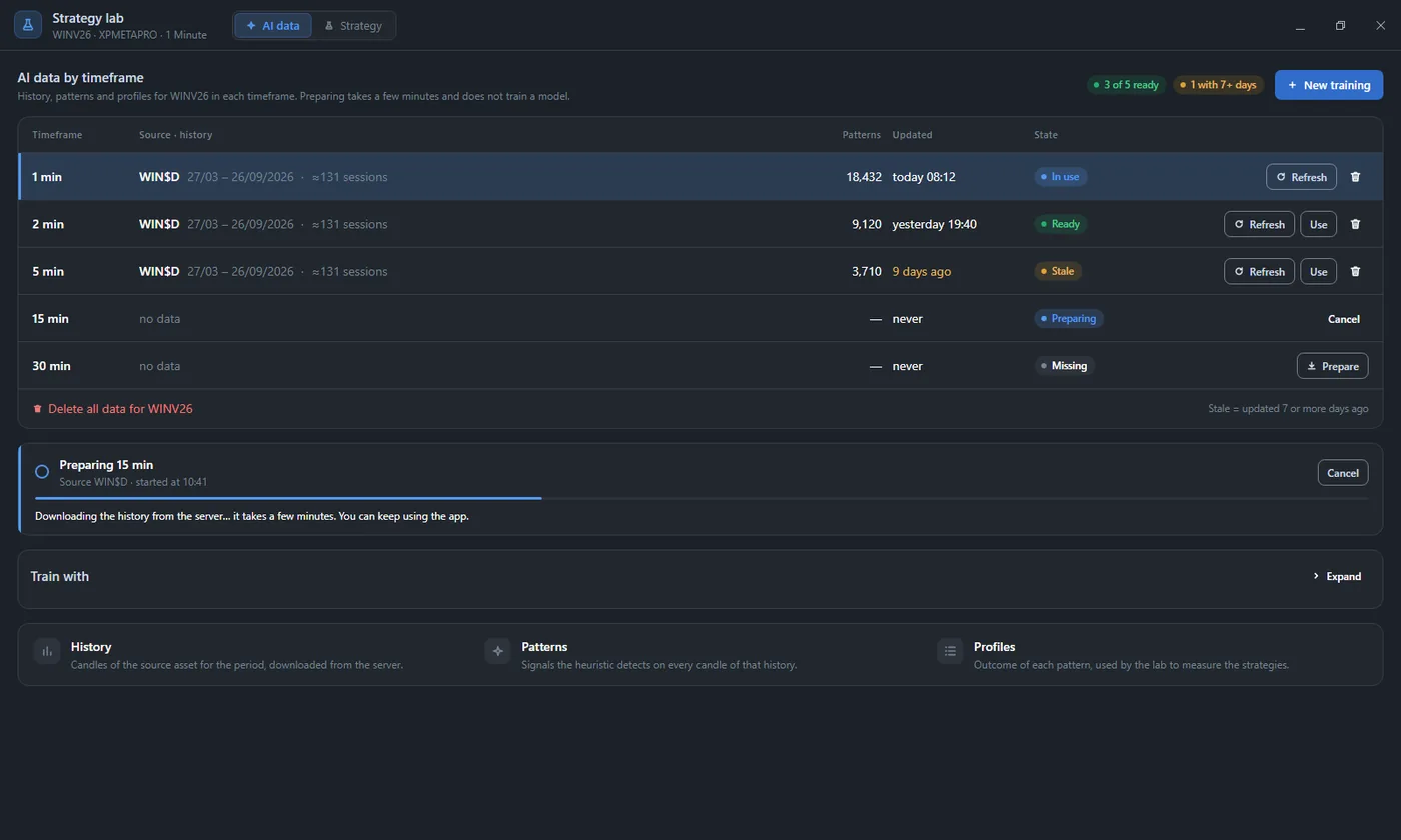 Strategy lab AI Data screen with the timeframe table and the preparation card in progress.